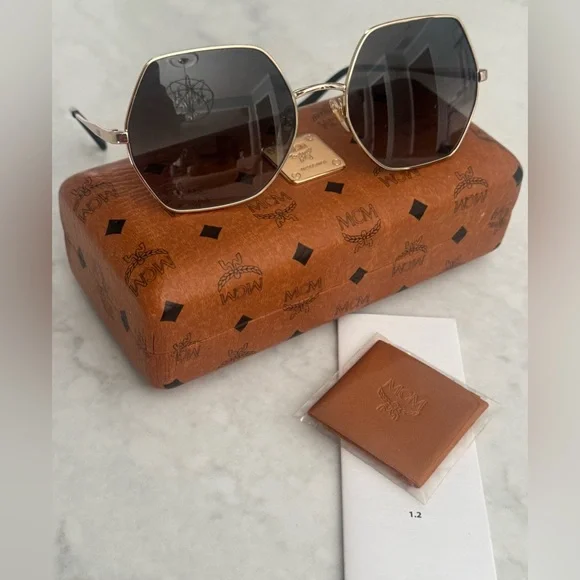 MCM Square-Frame Visetos-Print Sunglasses With Brown Case/Cleaning Cloth